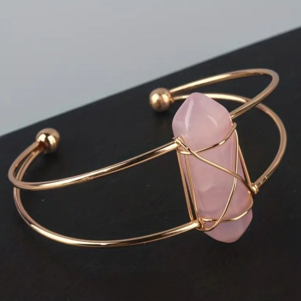 Rose Quartz Women's Healing Natural Stone Hexagonal Wire Crystal Bracelet‎ NEW
